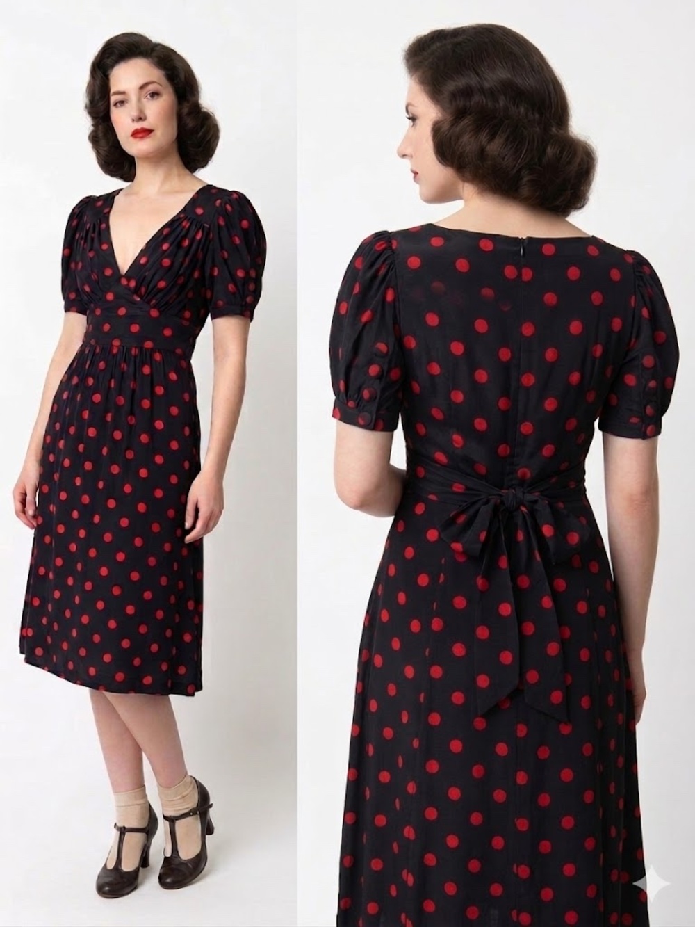 Vintage Betsey Johnson 100% Silk Black Red Polka Dot Puff Sleeve Dress - Picture 16 of 16
